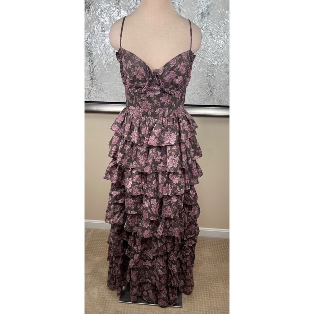 V. CHAPMAN Josephine Floral Ruffle Tiered Bustier Chocolate Maxi Dress Size 10 - Picture 3 of 10